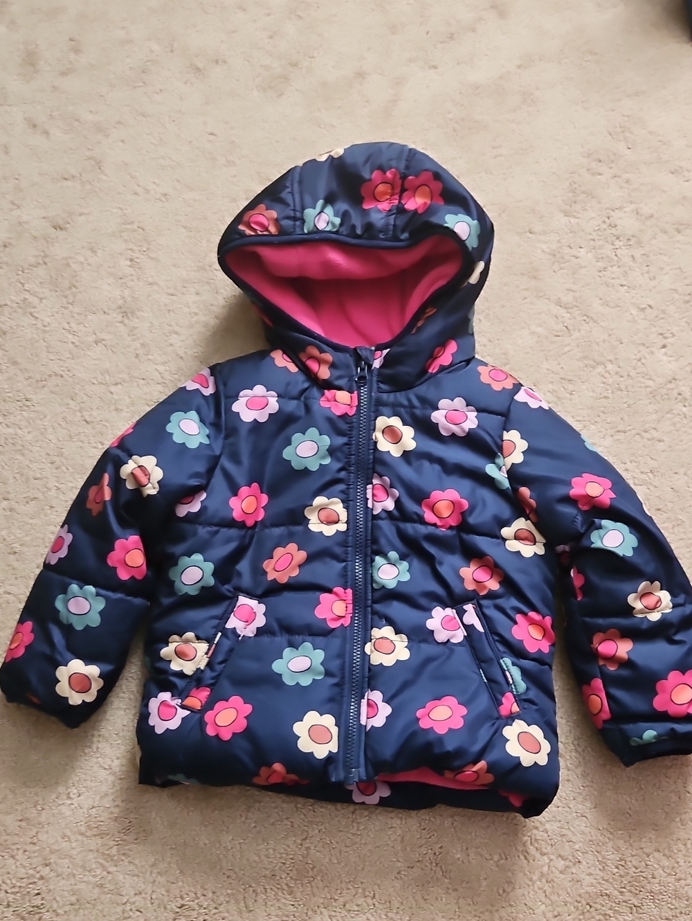 jumping beans Navy Floral Hooded Puffer Jacket with Pink Lining